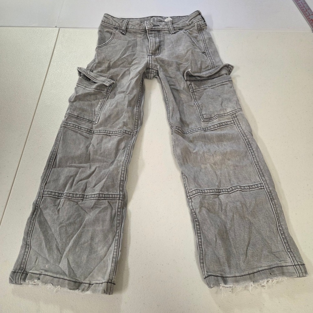 Art Class Boys Gray Cargo Carpenter Pants Size 6 Faded Raw Hem Utility Denim